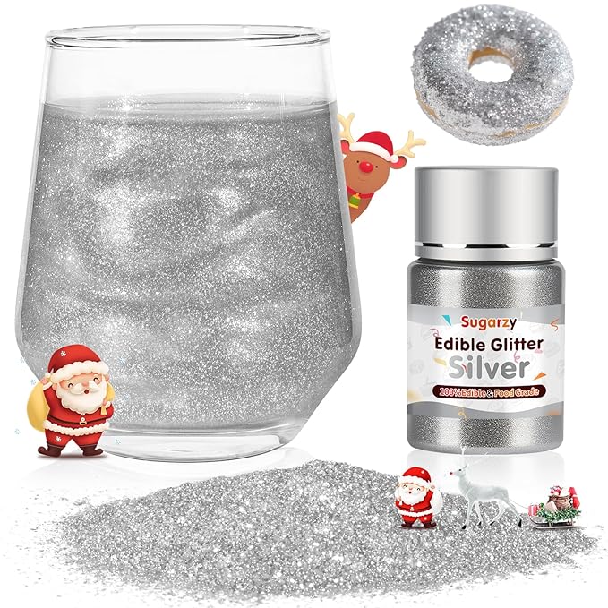 Christmas Edible Silver Glitter for Drinks, Food Grade 10g Silver Sprinkles Cake Decorating Supplies,Edible Luster Dust for Cocktail Beverages,Christmas Food Coloring Shimmer Powder for Baking,Cake Cupcakes Cookies Drinks Candy Strawberries Decorations