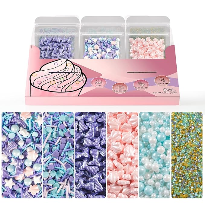 HUEBEATY 6-in-1 Mermaid Sprinkles Edible Set – 180g Seashell Candy, Jimmies, Mermaid Tail Sprinkles, Blue & White Pearls, Sanding Sugar – Edible Mermaid Cake Decorations for Cupcakes, Cookies, Ice Cream & Summer Desserts Decorating