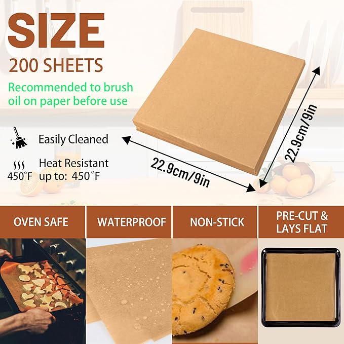 200 Pcs Parchment Paper Baking Sheets, 9"x9" Precut Non-Stick Baking Parchment Paper Sheets Bun Sheet Pan Liners.Baking Grilling Air Fryer Steaming Bread Cup Cake Cookie (Brown-9"x9")