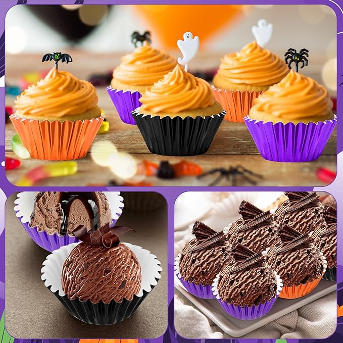 AUGSUN 400pcs Halloween Mini Foil Cupcake Liners, Black Purple Orange Metallic Muffin Cupcake Wrappers for Halloween Holiday Birthdays Showers Party Cake Candy Chocolate Decorations Supplies