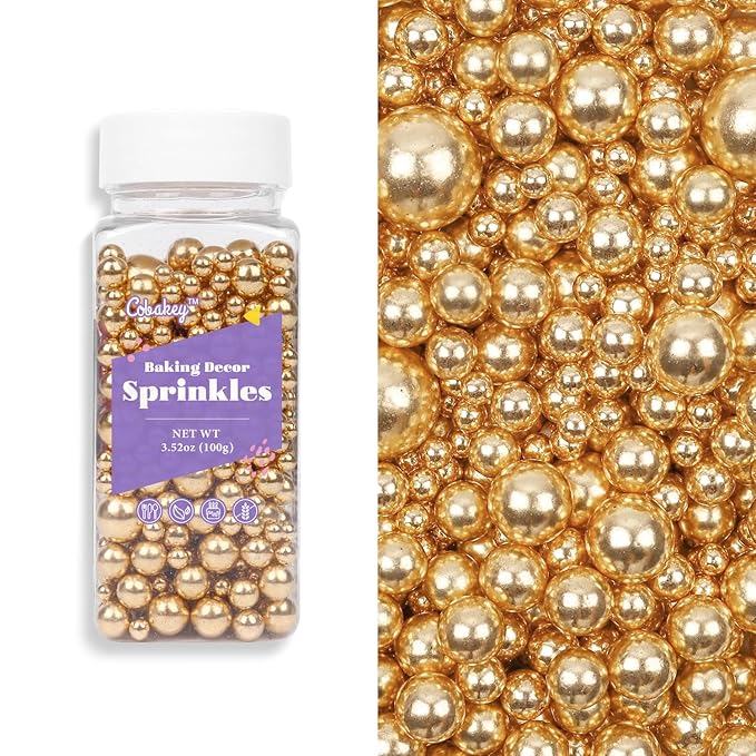 Cobakey Bright Gold Sprinkles for Cake Decorations 3.52 ounce Gold Metallic Pearl Sugar Sprinkles for Cupcake Toppers Wedding Party Valentines Halloween Christmas Supplies