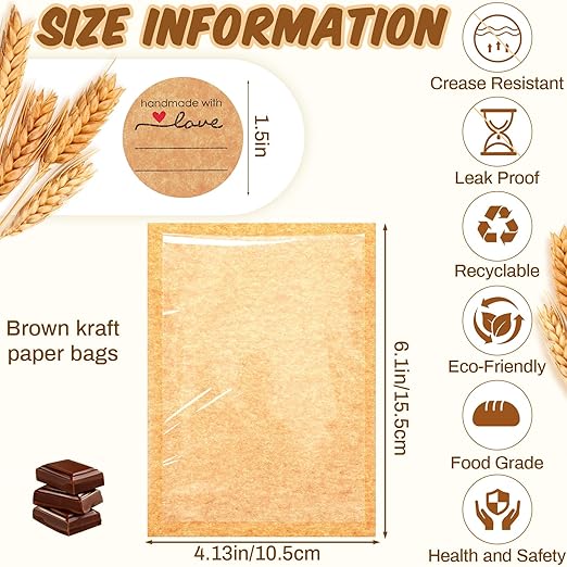 Outus 200 Pcs Cookie Packaging Bags with Seal, 4 x 6 Inch Bakery Pastry Bags with Window, Heat Sealable Grease Resistant Paper to Go Bake Sleeves for Gift Giving Donut Bread Sandwich (Brown)