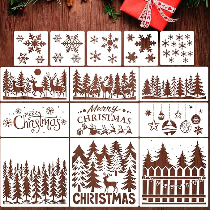 14 Pcs Large Christmas Stencils for Painting, Reusable Plastic Holiday Craft Templates, Christmas Window Stencils for Wood, Wall, Fabric & Doormat, DIY Snowflake Deer Forest Christmas Decorations