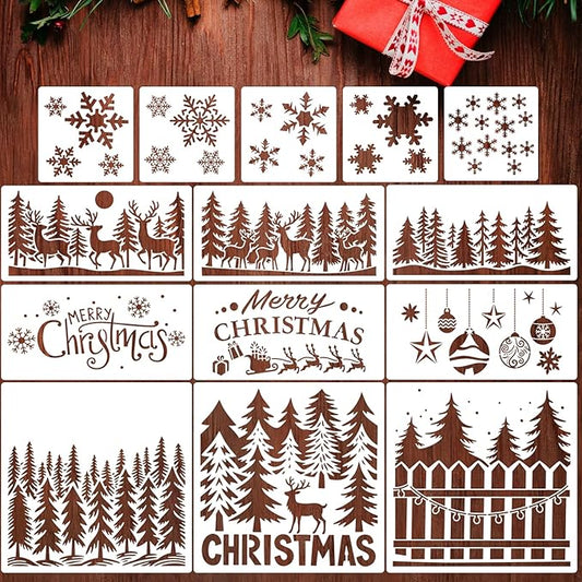 14 Pcs Large Christmas Stencils for Painting, Reusable Plastic Holiday Craft Templates, Christmas Window Stencils for Wood, Wall, Fabric & Doormat, DIY Snowflake Deer Forest Christmas Decorations