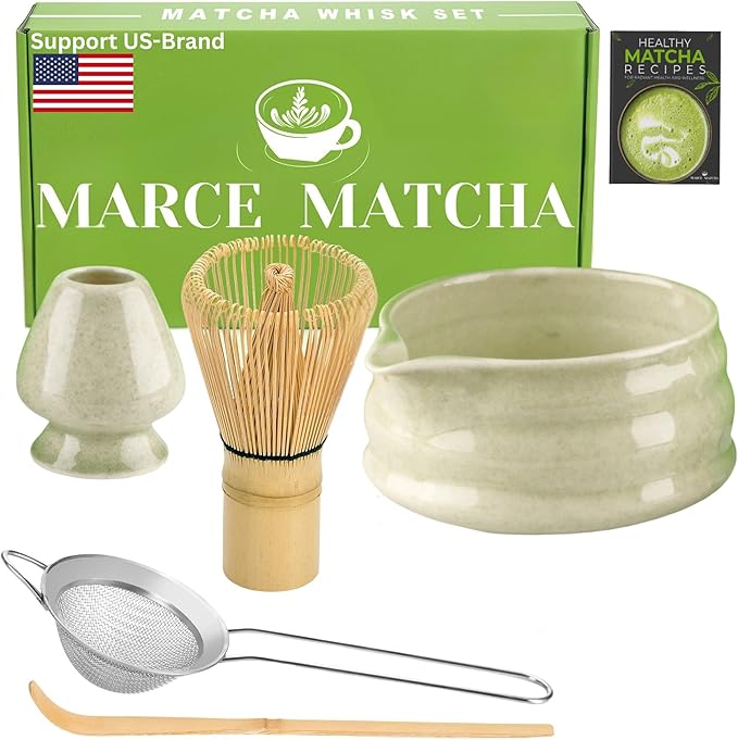 Matcha Whisk Set- Matcha Set includes Matcha Whisk and Bowl (Bowl with Spout), Sifter, Holder and Scoop- The Perfect Bamboo Whisk for Matcha Tea (Molted Green)