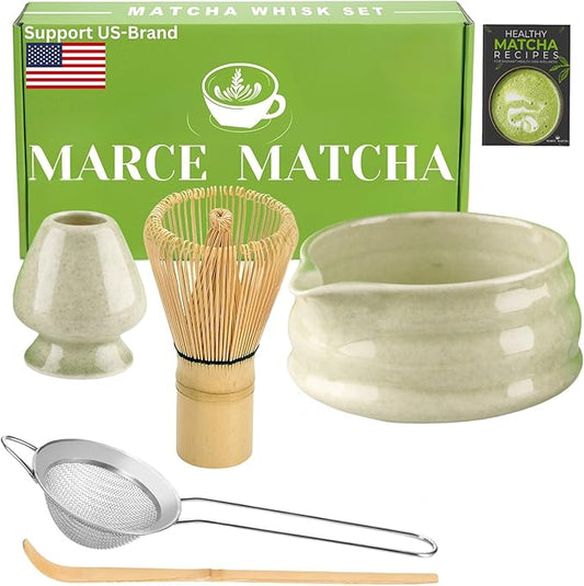 Matcha Whisk Set- Matcha Set includes Matcha Whisk and Bowl (Bowl with Spout), Sifter, Holder and Scoop- The Perfect Bamboo Whisk for Matcha Tea (Molted Green)