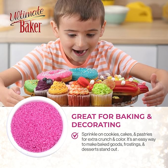 Ultimate Baker - Sanding Sugar, Pink - Vibrant, Naturally Colored Baking & Decorating Sugar, Perfect for Sprinkling on Cakes, Desserts & Confections, Medium Crystal - 8oz