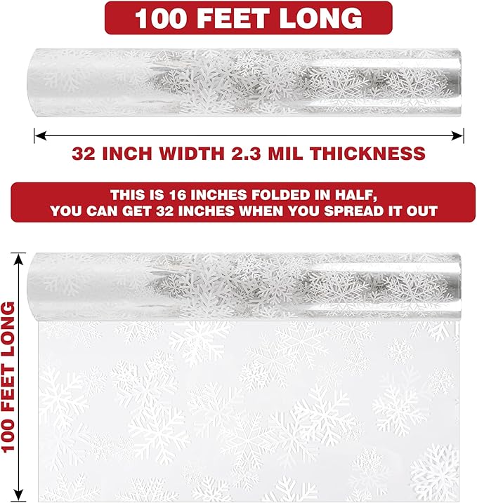 Kolewo4ever 100 Ft X 32 in Christmas Cellophane Wrap Roll Snowflake Clear Wrapping Paper Cellophane Bags Thick Snowflake Wrap Cellophane for Christmas Gift Wrapping (Christmas Snowflake)