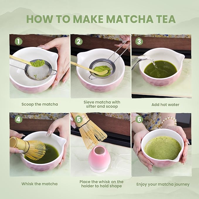 7-Pcs Matcha Whisk Set - Ceramic Matcha Set Includes Bowl,Whisk,Holder,Bamboo Scoop,Scoop Rest,Sifter & Tea Towel – Japanese Traditional Tea Kit for Beginners & Tea Lovers (Gradient Pink)