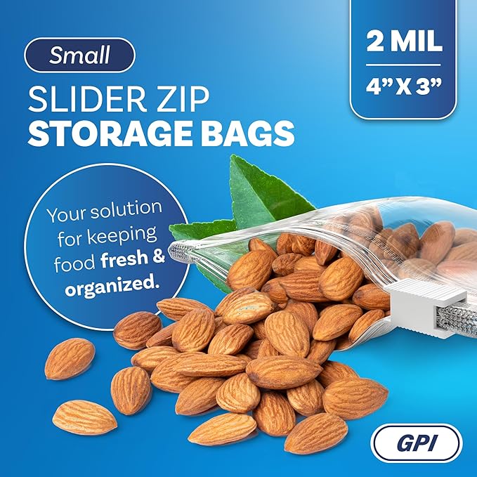 100 Count - Slider Zip Food Storage Snack Bags, 4" x 3" 2 Mil, Strong & Durable For Nuts, Candy, Snacks, Seeds, Jewelry & More. GPI