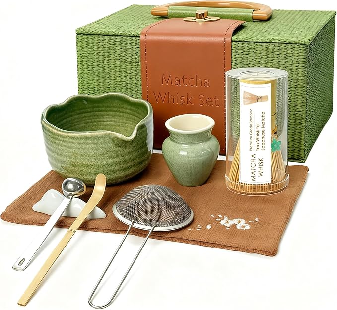 8Pcs Matcha Whisk Set, Matcha Set Includes Ceramic Matcha Bowl, Whisk and Holder, Bamboo Scoop, Scoop Rest, Sifter, Measuring Spoons and Tea Towel Tea Kit Gift Set for Women (Green)