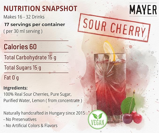Mayer Hungarian Sour Cherry Syrup – Award-Winning Cherry syrup for drinks, All-Natural Cordial, Over 50% Real Fruit, Vegan (16.9 oz Bottle) – Ideal Cocktail Mixer & Dessert Topping