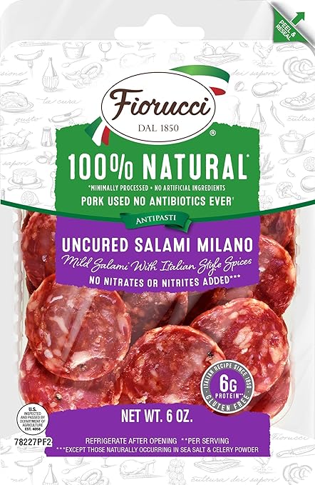 Fiorucci All Natural Uncured Milano Salami Nuggets, Mild Italian Spices with No Nitrites & Antibiotic Free Pork, 6g of Protein 6 Oz (Pack of 1)
