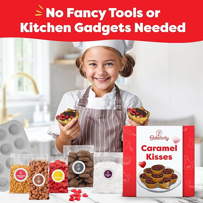Baketivity Caramel Kisses Kids Baking Kit - Baking Set for Girls and Boys Ages 4-12 - Kids Cooking Kit with Premeasured Ingredients, Instructions, Video, STEM Activities