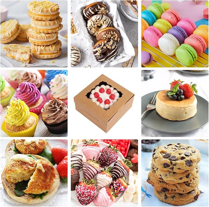 Moretoes 80pcs Brown Bakery Boxes with Window, 6x6x3 Inches Small Cookie Boxes for Treats, Pastries, Chocolate Covered Strawberries, Macarons, Cupcakes, Goodies, Donuts