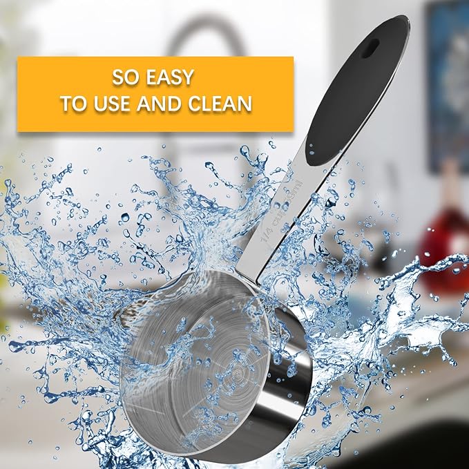 2PCS 1/4Cup (59ml, 2oz) Single Measuring Cup with Black Silicone Grip, Stainless Steel Individual Measure Scoop Only