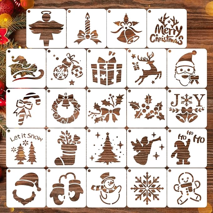 24 Pcs Christmas Stencils for Crafts Reusable, 3x3in Christmas Snowflake Stencils for Painting on Wood, Winter Holiday Templates for Greeting Cards, Crafts Ornaments Wall Window Door DIY Decoration