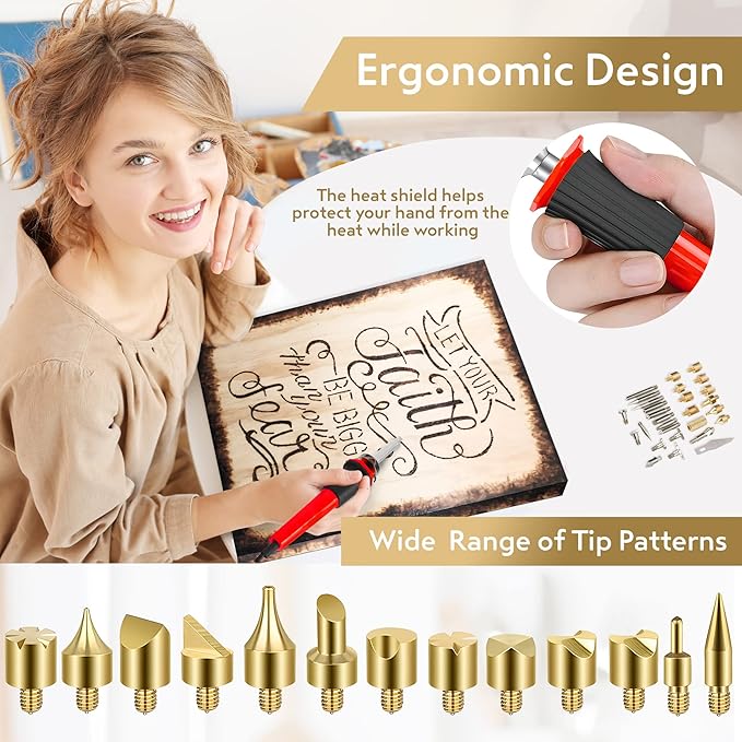 Wood Burning Kit. Pyrography Pen Fully Adjustable Temperature With safety Stand. 27 Tips with Cutting Blade, Stencils and Deluxe Case