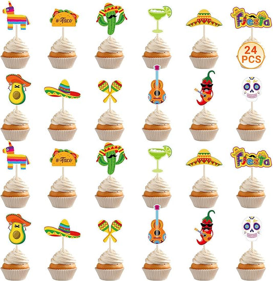 24 PCS Cinco De Mayo Decorations, 12 Style Fiesta Cake Toppers, Cocktail Guitar Chili Design Cinco De Mayo Cupcake Toppers Mexican Toothpicks, Taco Party Decorations Mexican Decor for Fiesta Party