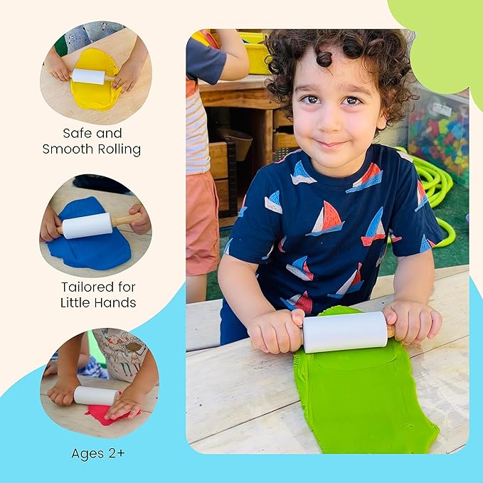 Small Rolling Pin for Kids, Non-Stick Silicone Surface with Wooden Handles for Play Dough and Baking Rolling Pin (9in, White)