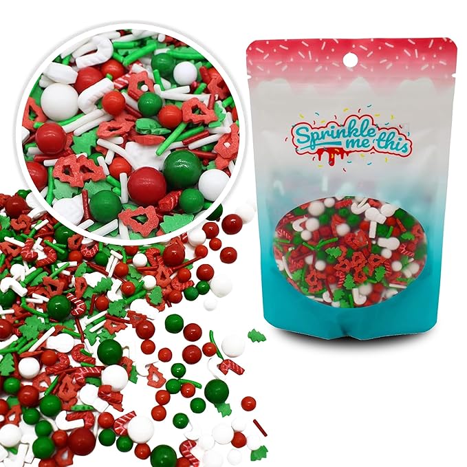 A Treat for St. Nick - 8 Oz Resealable Bag - Christmas Themed Sprinkles - Featuring Red, Green and White Pearls, White Candy Canes and Snowmen - Cake and Ice Cream Sprinkles