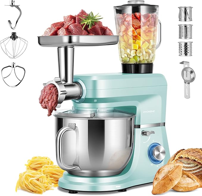VIVOHOME 6 in 1 Multifunctional Stand Mixer with 8.5 Quart Stainless Steel Bowl, 660W 10 Speed Tilt-Head Meat Grinder, Juice Blender, Vegetable Slicer, Pasta and Cookie Maker, Blue