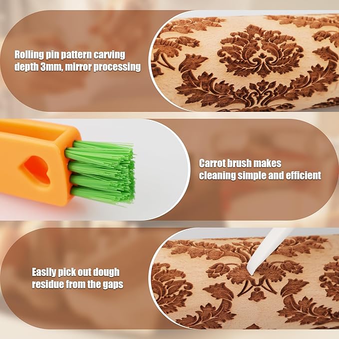 17" Premium Wooden Rolling Pins for Baking with European Embossed Designs | 3mm Deep Springerle Cookie Molds | Christmas Rolling Pin & Baking Gifts for Women | Includes 3-in-1 Cleaning Brush