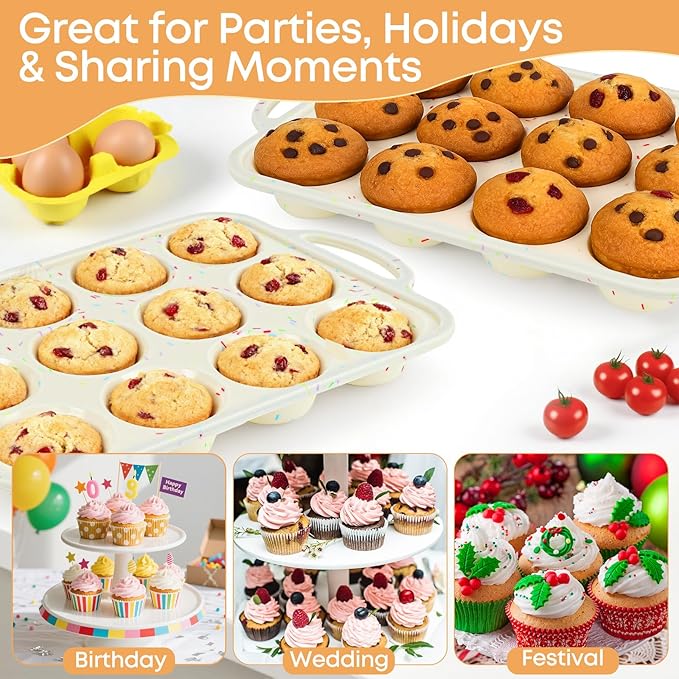 2-Pack 12-Cup Silicone Cupcake Pan, Nonstick Flexible Muffin Pan, Dishwasher Safe Muffin Tray with Handles, Seamless Silicone Muffin Tin for Baking Egg Bites & Cupcakes