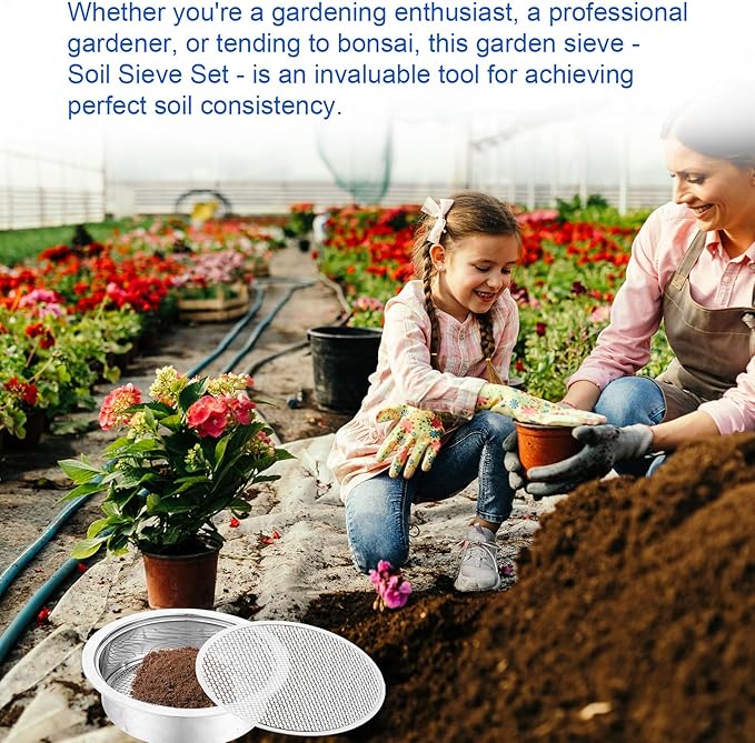 Multi-Purpose Soil Sifter for Gardening Stainless Steel 9.44”, 5 Pcs Stainless Steel Soil Sieve Mesh (1,3,6,9,12mm), Stackable Sifting Screen Pan for Bonsai Sand Rock Dirt Compost Sifter