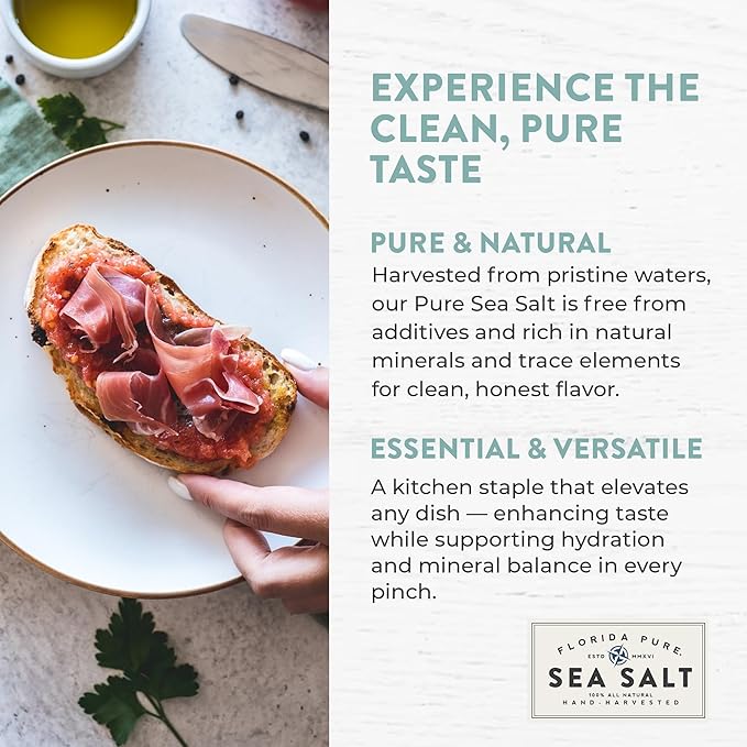 Pure Sea Salt by FLORIDA PURE - 80+ Mineral Sea Salt, Natural, Unrefined, Non Iodized, Addititive-free - for Baking, Cooking, Seasoning & Enhancing Taste - Pure Hand-harvested Flaky Sea Salt (4 oz Jar)