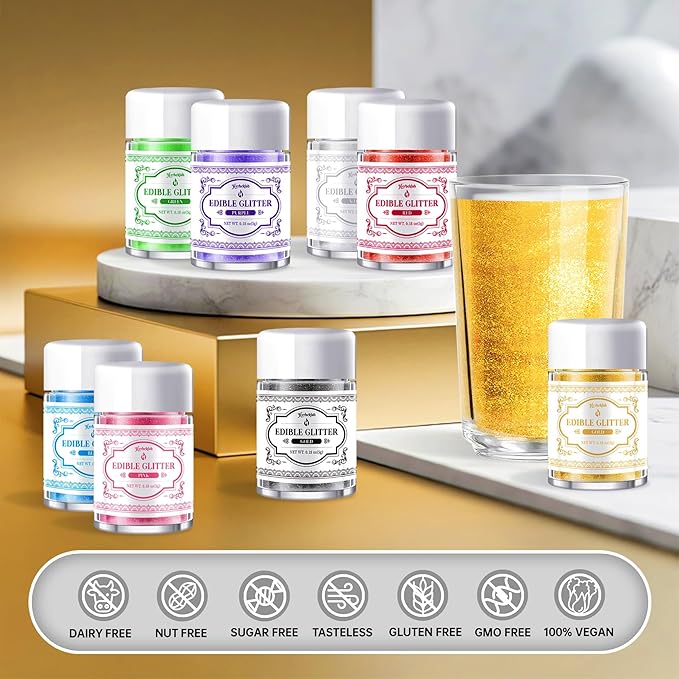 Edible Glitter for Drinks – 8 Colors Luster Dust, Food Grade Cocktail Shimmer Powder for Cakes, Beverages, Chocolate & Candy, 5g/Bottle