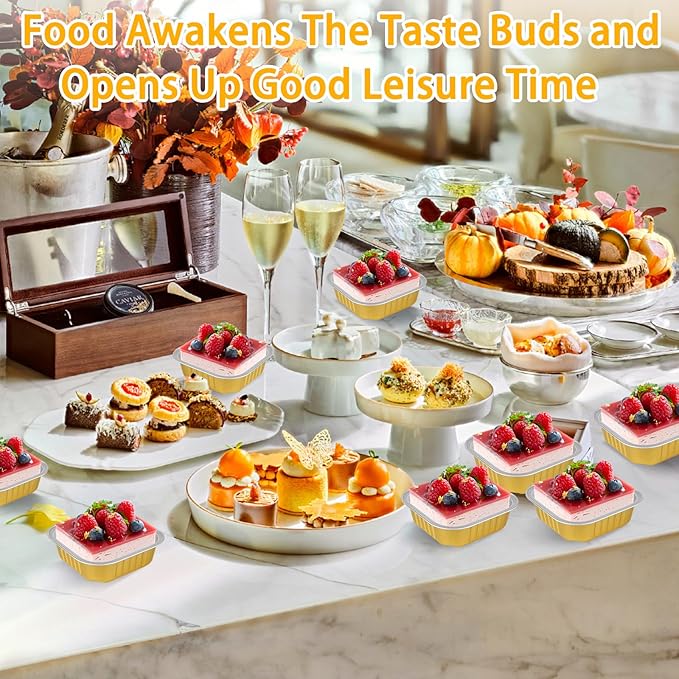 100 PCS Mini Cake Pans With Lids Mini Square Cake Pans with Lids Aluminum Foil Square Baking Cups Brownie Baking Cups Disposable Ramekins Cupcake Cups for Wedding Birthday Party, Gold
