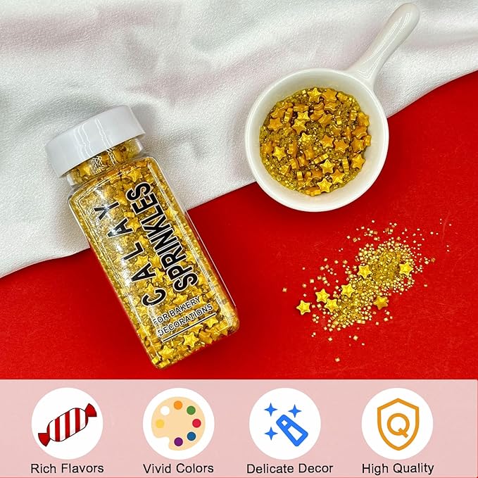Gold Sprinkles for Cake Decorating, Star Sanding Sprinkles Mix for Cookie Baking Ice Cream Brownie Cupcake Toppings
