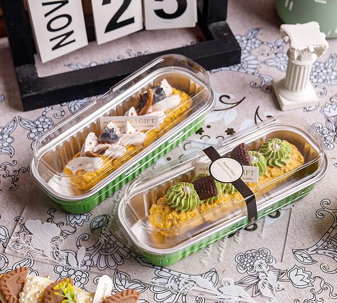 50 PACK Mini Cake Pans with Lids and Spoons, Rectangular Aluminum Foil Bread Pan, Mini Loaf Pans and Food Containers with Lids(Grass Green, 6.8oz)