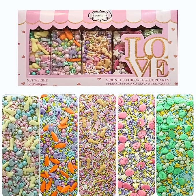Confect Edible Sprinkles – Assorted 5-Pack | Easter & Baby Shower Cake Decorations | Green & Pink Sprinkles, Bunny Mix, Yellow & Gold Toppings | Vegan, Gluten-Free, Nut-Free, Soy-Free, Dairy-Free, Palm Oil-Free – 5 oz