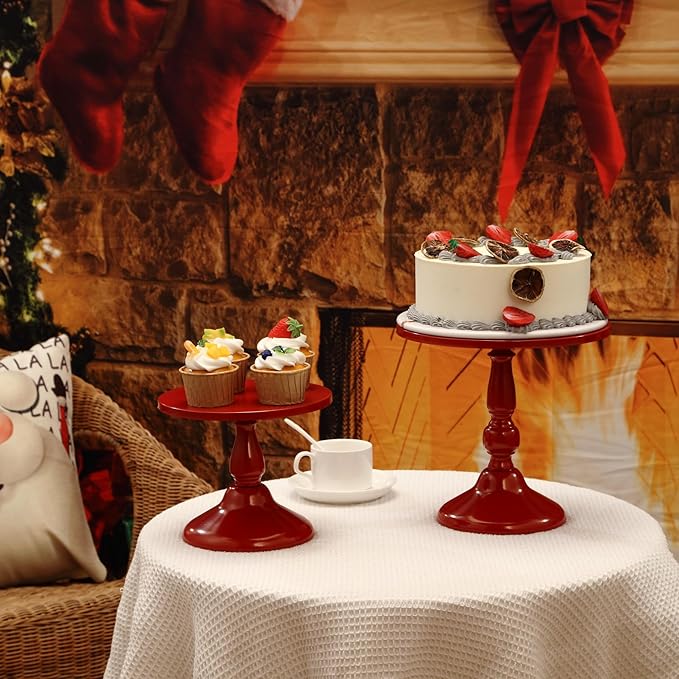 Set of 3 Red Cake Stands, QENUIITEA Metal Round Cake Holder Dessert Pie Pizza Display Stand 8" 10" 12" Serving Tray Decoration for Wedding Celebration Party Birthday Baby Shower