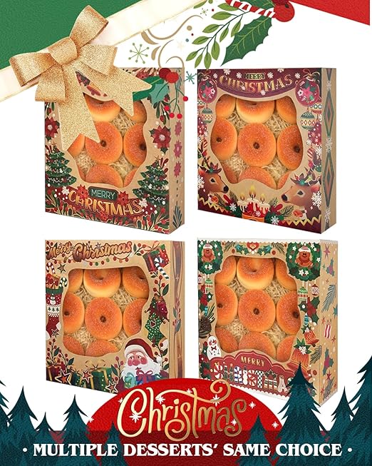 qiqee Christmas Kraft Cookie Boxes with Window 12packs 10x10x2.5 Inch Bakery Box Pastry Box for Christmas