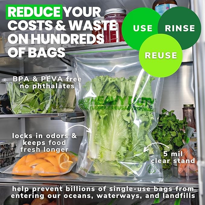 PURCHASE, 50 x Dishwasher-Safe STAND-UP Reusable Bags, Extra Thick 5mils HEAVY DUTY Durable Washable Reclosable Food Storage Extra Large Bags, XXL 12"x16" 2-Gallon 50-Pack
