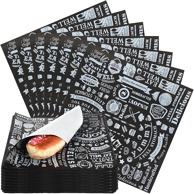Outus 600 Pcs 10 x 10 Inch Deli Wax Paper Sheets Grease Resistant Tray Basket Liners Newsprint Paper Water and Grease Proof Sandwich Wrapping Square Hot Dog Wrappers for Food Baking (Black)