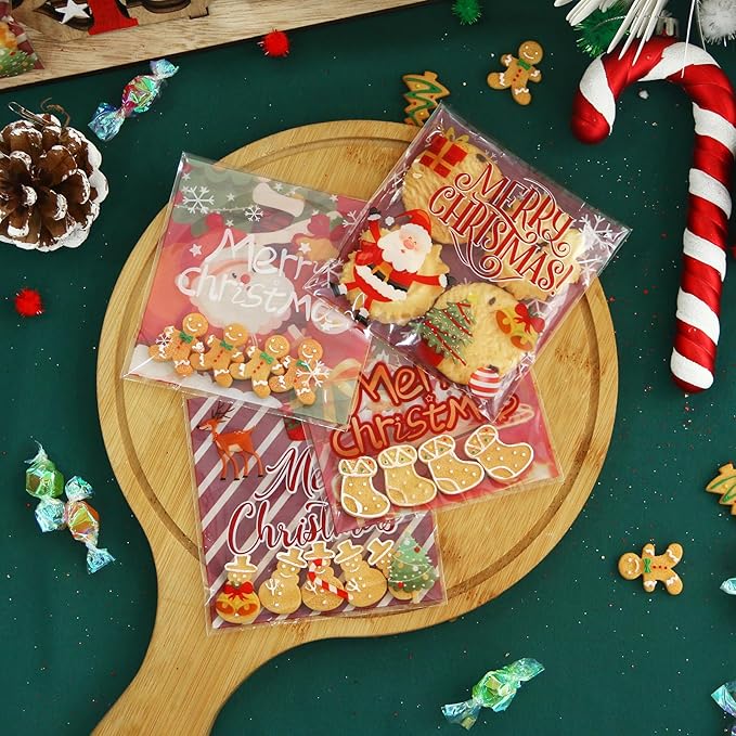 Christmas Cellophane Bags Biscuit Roasting Treat Bags Individual Wrappers Self Adhesive OPP Cookie Bakery Present Gift DIY Candy Decorating Favor Bags (4x4 Inch, 200Pcs)