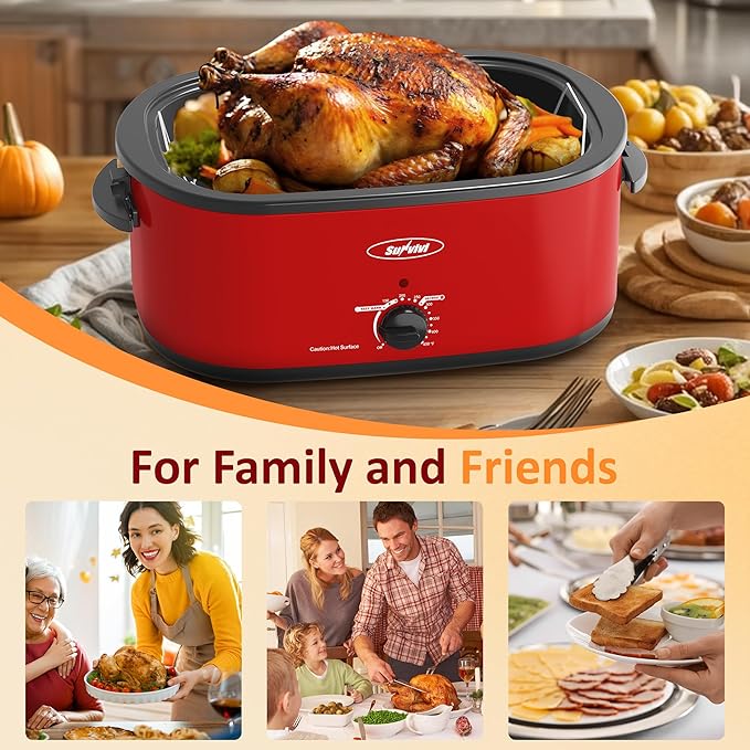 Sunvivi Roaster Oven, 24 Quart Electric Roaster Oven with Glass Lid, Turkey Roaster Buffet with Self-Basting Lid, Removable Pan, Cool-Touch Handles, Red
