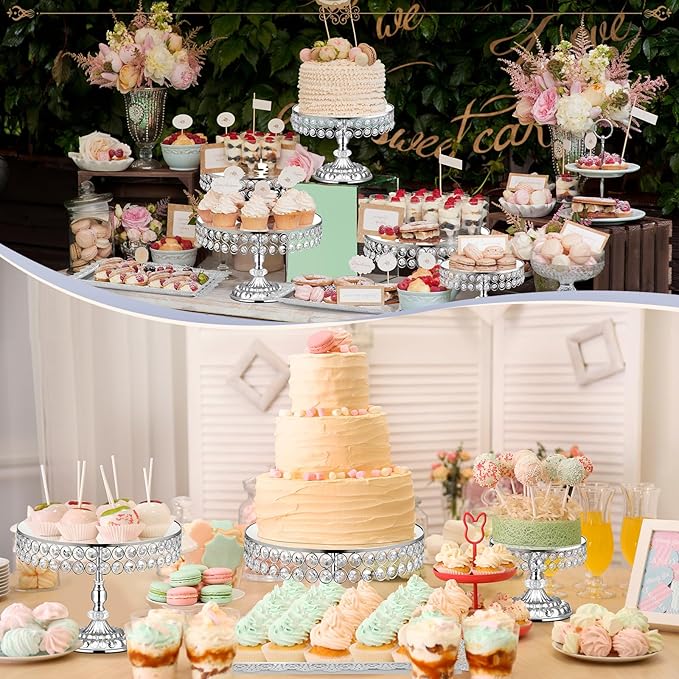 12-Piece Silver Cake Stand Set, Vintage Cake Stand with Crystal Edge and Cupcake Display Tray, Dessert Table Display Set for Wedding, Party, Baby Shower, Anniversary Celebration