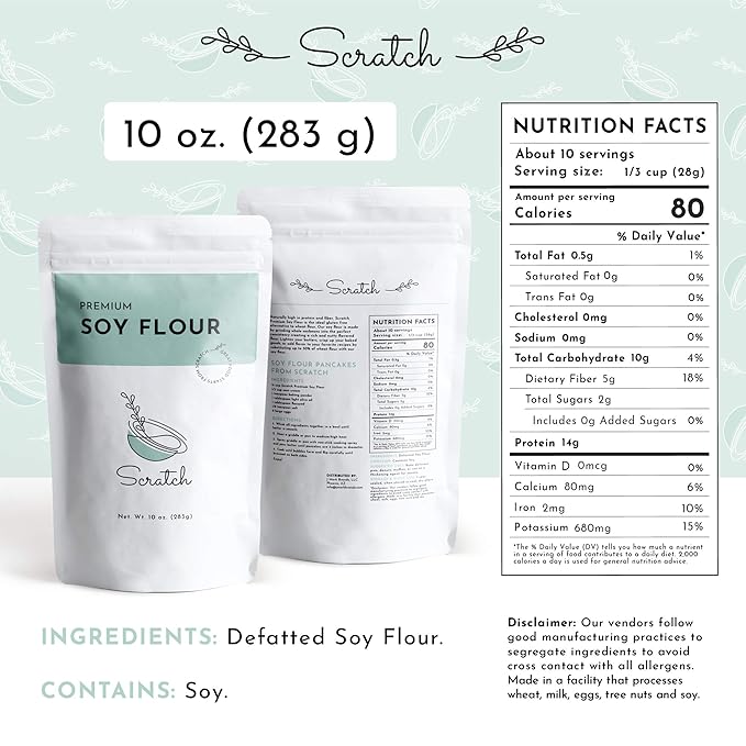 Scratch Premium Defatted Soybean Flour - Gourmet Baking Ingredients - Contains Calcium, Iron, Potassium, Protein, & Dietary Fiber - Rich Nutty Flavor - Low in Fat - Healthy Flour Substitute (10oz)