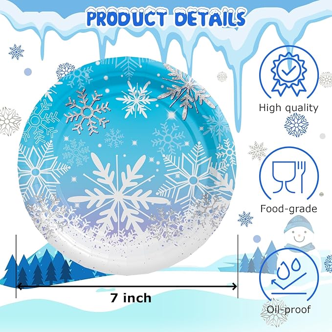 AFZMON 50 Pack Frozen Party Plates Dessert Paper Dinnerware Plates, 7 Inch Winter Snowflake Theme Disposable Round Plate for Christmas Xmas Winter Wonderland Frozen-theme Party Supplies