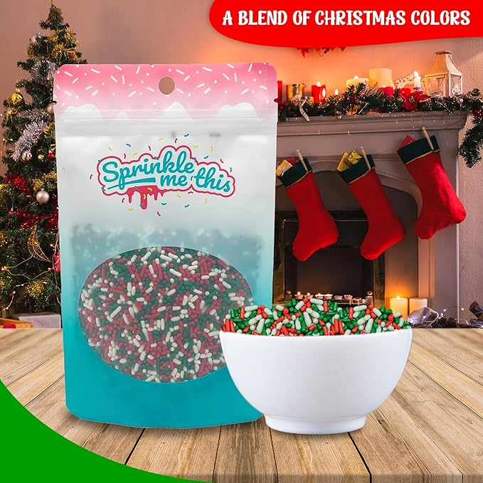 Green, Red and White Blend Sprinkles - 4 oz Resealable Stand Up Candy Bag - Christmas Themed Sprinkles for Decorating - Bulk Baking Supplies for Holiday Decorated Treats