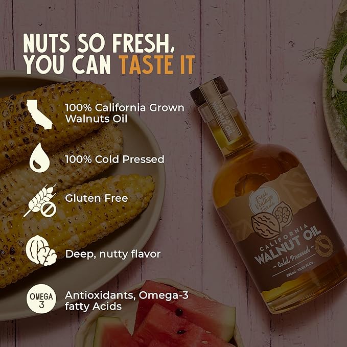 Fresh Vintage Farms 100% Undiluted Cold Pressed Walnut Oil | Wholesome & Nutritious Healthy Cooking Oil for Cooking, Baking, Grilling, Dipping, & Salads | Walnut Oil - 12.68 Fl Oz, Pack of 6