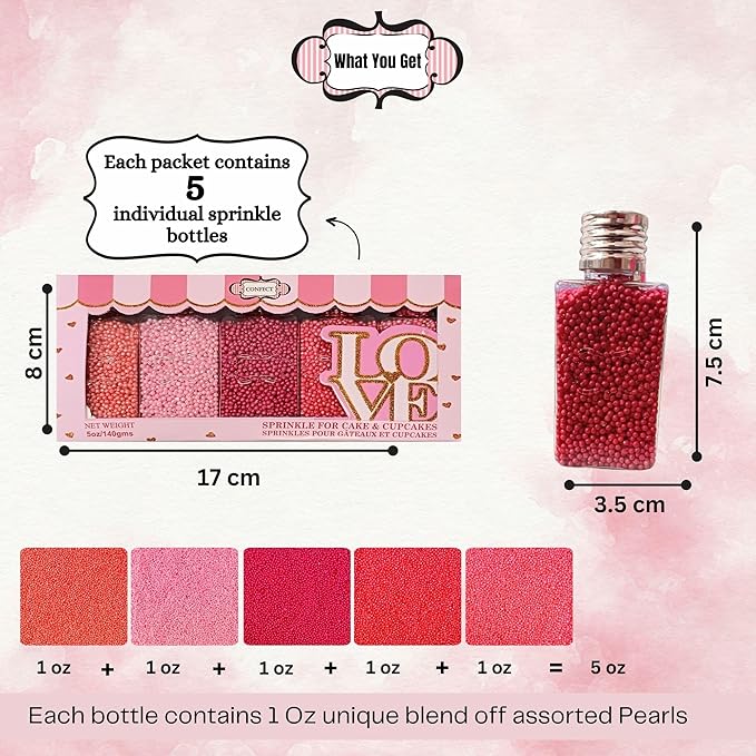 Confect Multicolor Pink Pearl Sprinkles Mix – Edible Baking Decorations for Cakes, Cupcakes, Cookies – Valentine’s & Anniversary Sprinkle Set – Pack of 5 | Vegan, Gluten-Free, Nut-Free, Soy-Free, Dairy-Free , Handcrafted Sprinkle- 5 Oz
