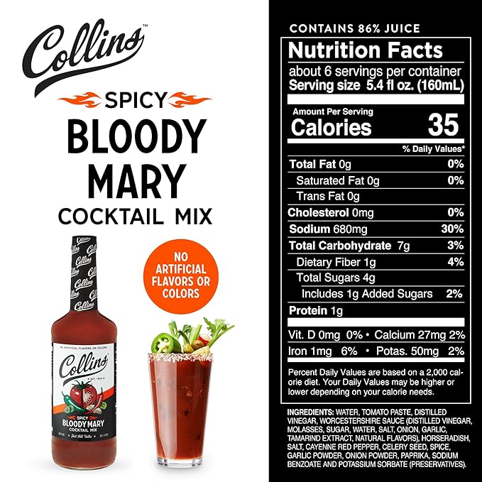 Collins Spicy Bloody Mary Mix, Brunch Cocktail Recipe, Bartender Mixer, Drinking Gifts, Home Cocktail bar, Set of 6 32 fl oz Bottles