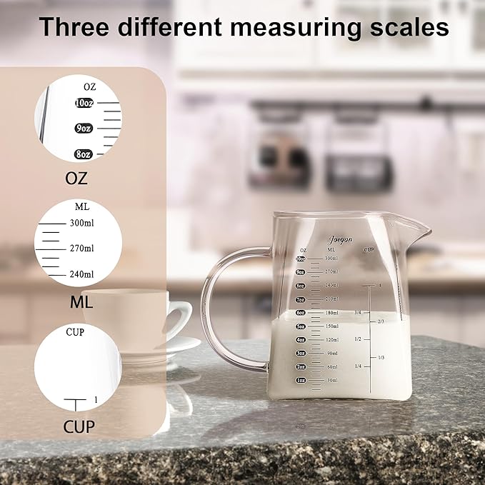 Joeyan 10 oz Small Glass Creamer Pitcher,V-Shaped Glass Measuring Cups with Handle and Spout,Clear Borosilicate Espresso Shot Glasses,Milk Coffee Tea Jug Frother Cup,Square Base
