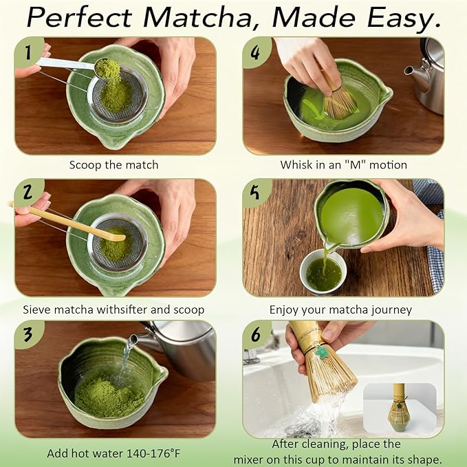8Pcs Matcha Whisk Set, Matcha Set Includes Ceramic Matcha Bowl, Whisk and Holder, Bamboo Scoop, Scoop Rest, Sifter, Measuring Spoons and Tea Towel Tea Kit Gift Set for Women (Green)